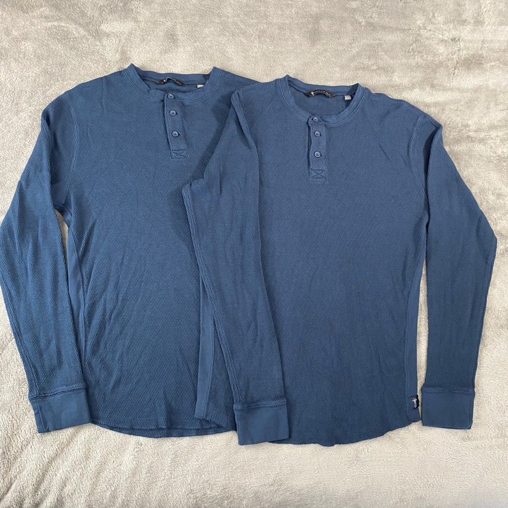 American Tall Henley Mens S Blue 2-Pack Waffle Knit Long Sleeve Thermal Cotton